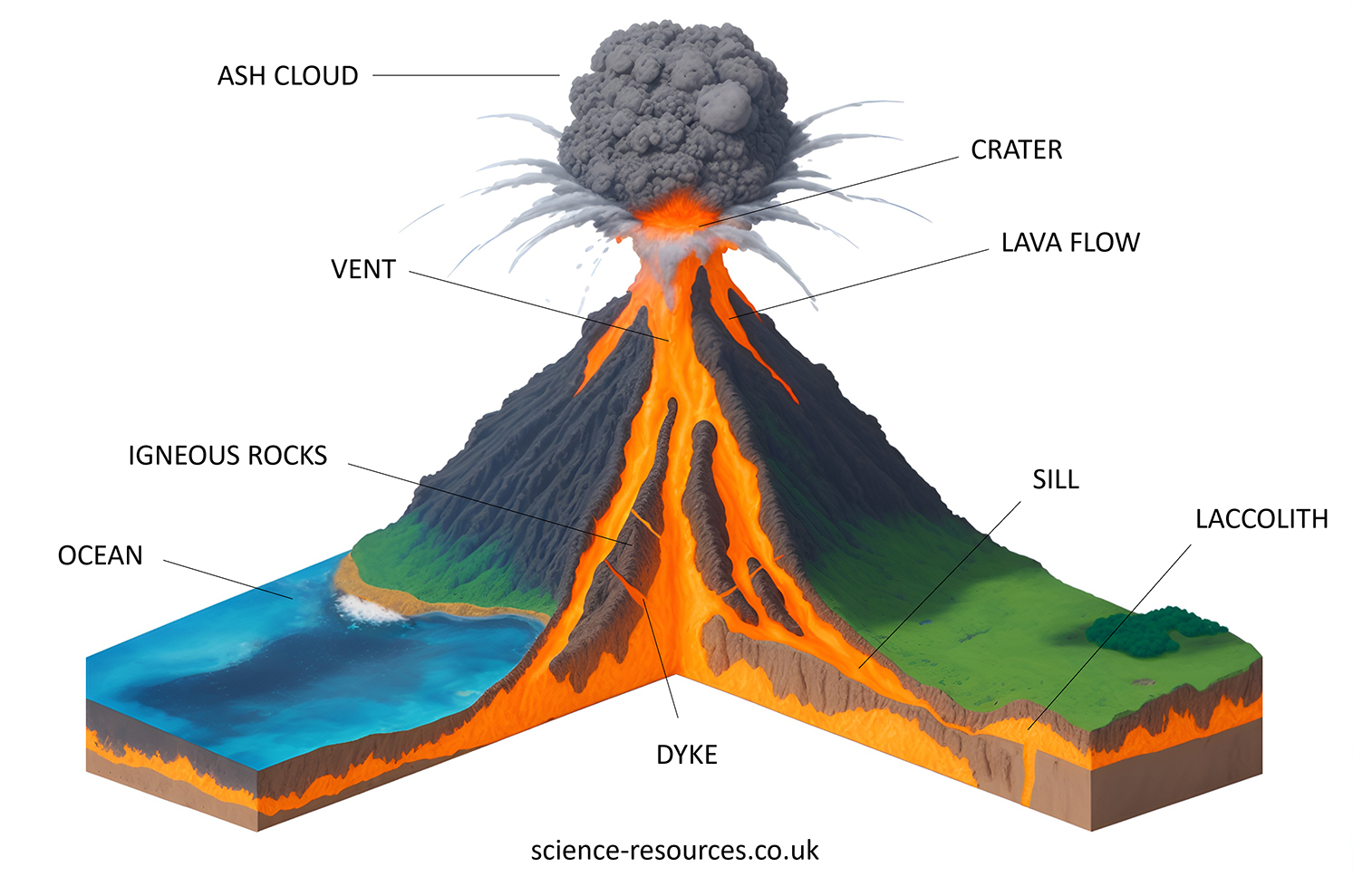 Cross-section of a volcano This image is a diagram illustrating the cross-section of a volcano and its surroundings. It labels various parts and features associated with volcanic activity.